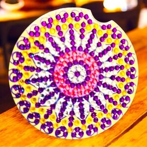 Stocking Stuffer Car Coaster Hand Crafted & Sealed Diamond Art Cork Back 2.8”